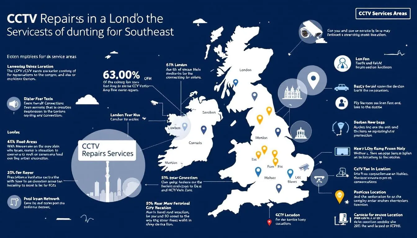 A map showing service areas for CCTV repairs in the south east.