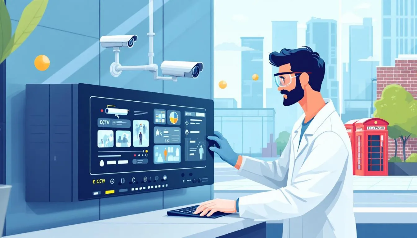A technician performing maintenance on a CCTV system.